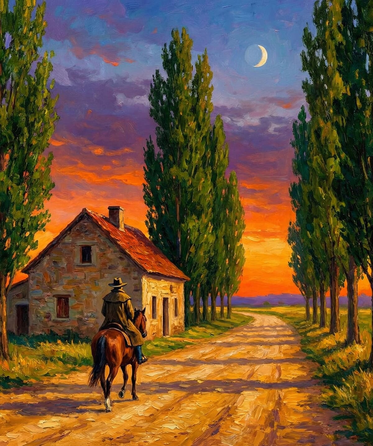Sunset rider countryside painting